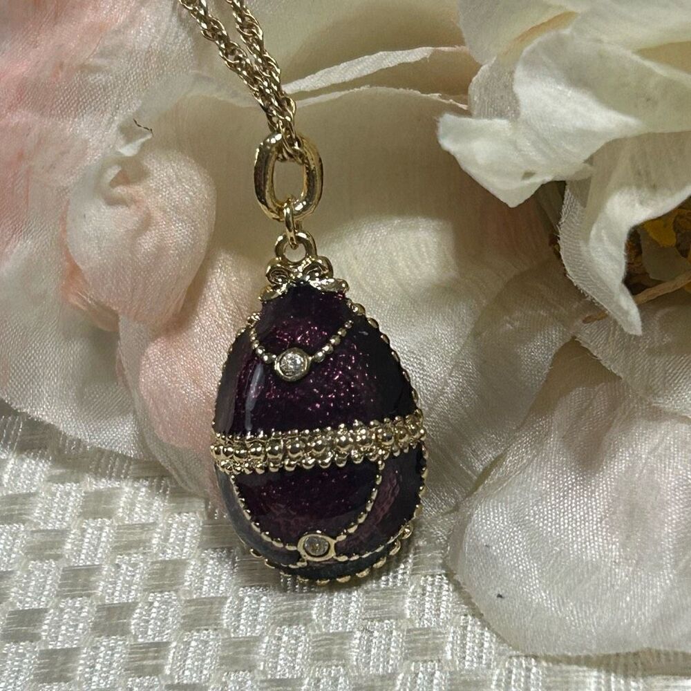 Faberge Style Egg Pendant Necklace Women's Purple Gold Chain Rhinestone Enamel